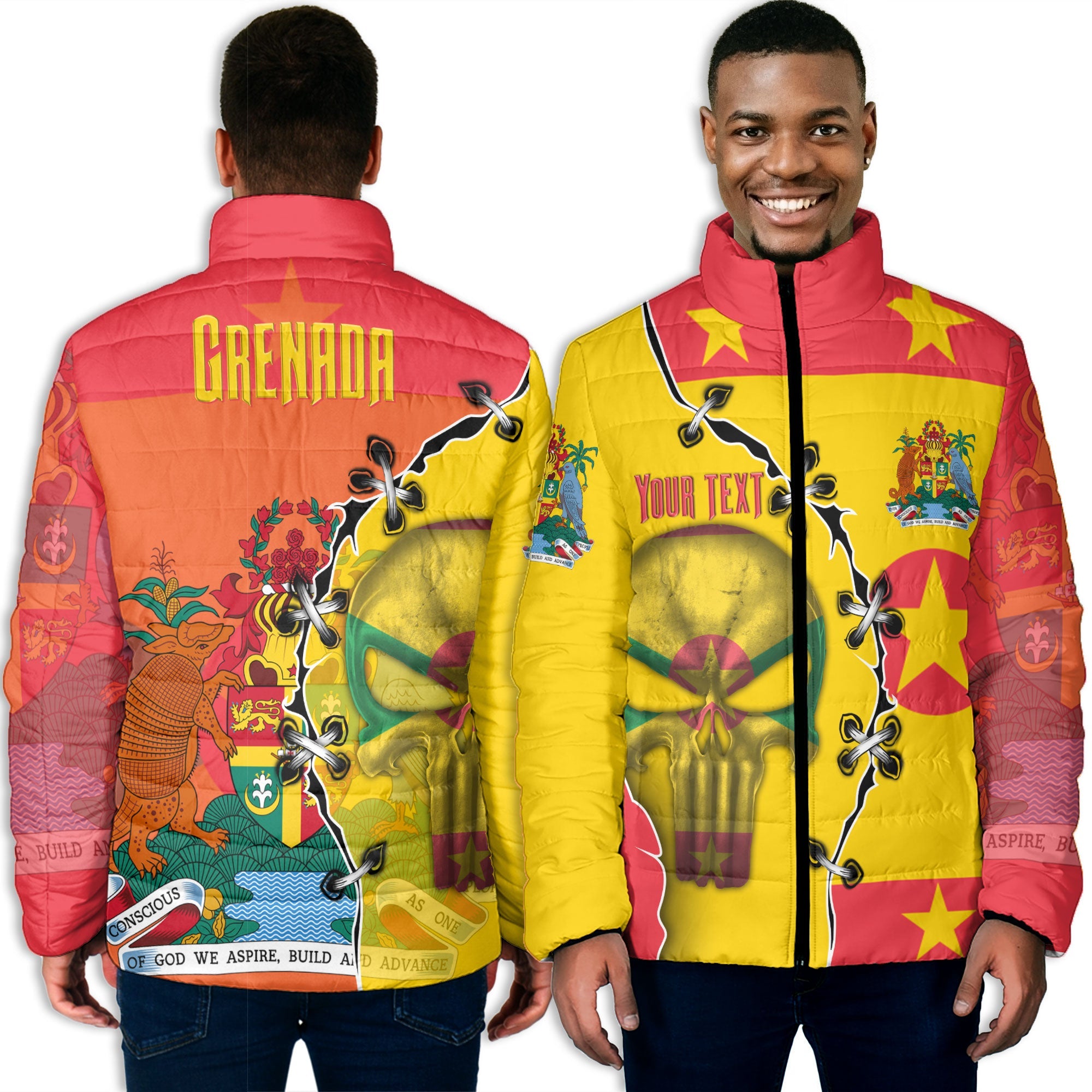 Grenada Men Padded Jacket Flag & Coat Of Arms Skull Style