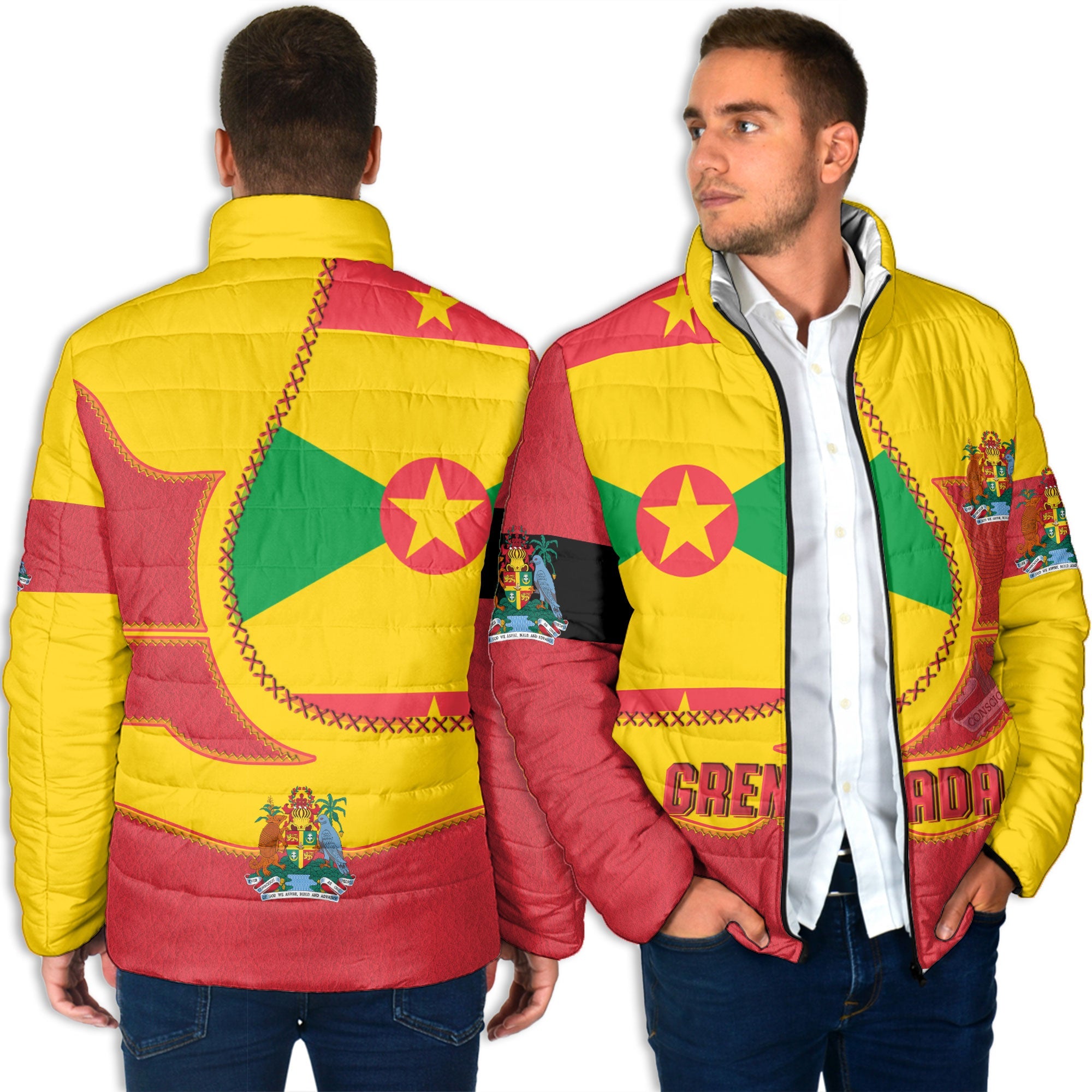 Grenada Men Padded Jacket Flag & Coat Of Arms Leather Style