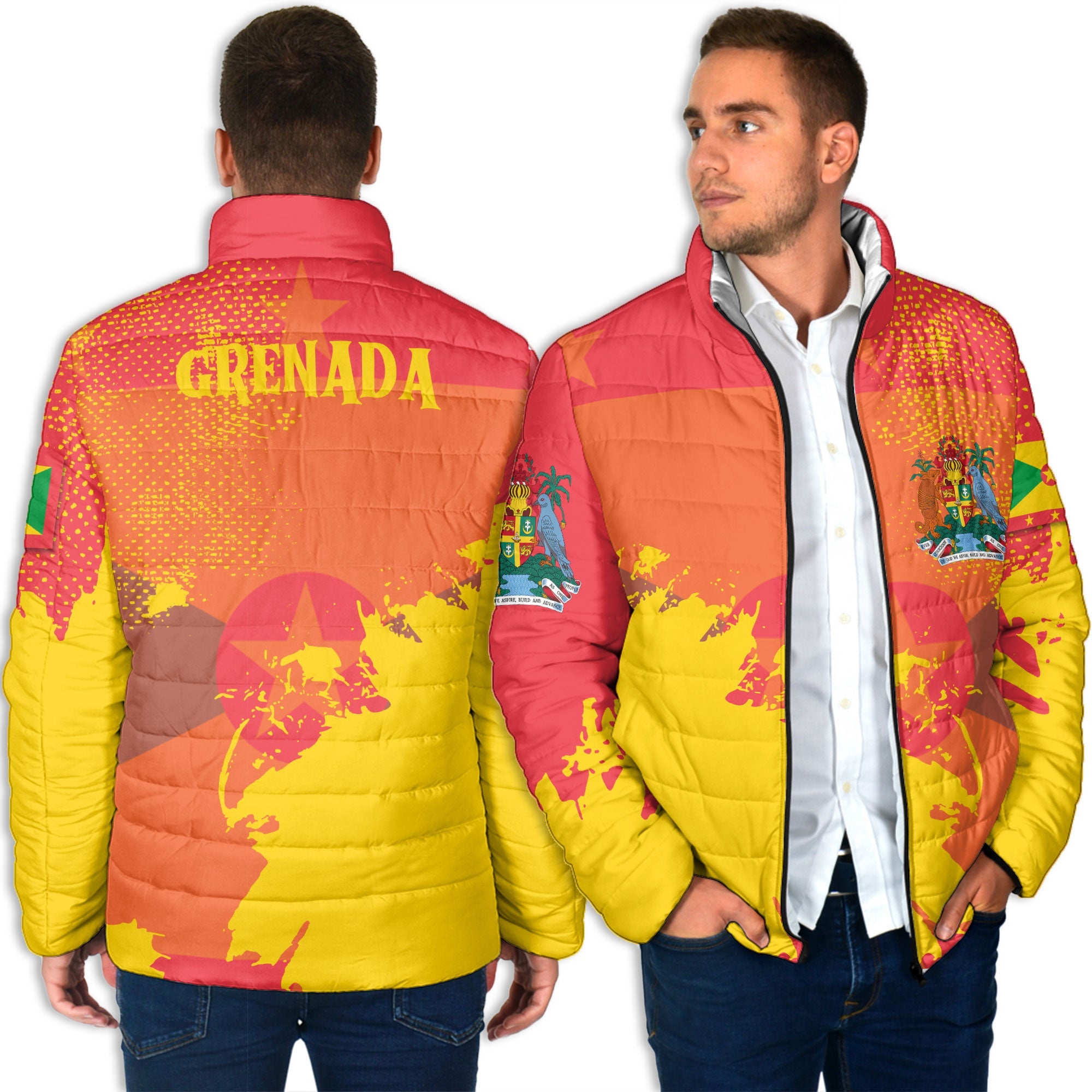 Grenada Men Padded Jacket Flag & Coat Of Arms Paint Style