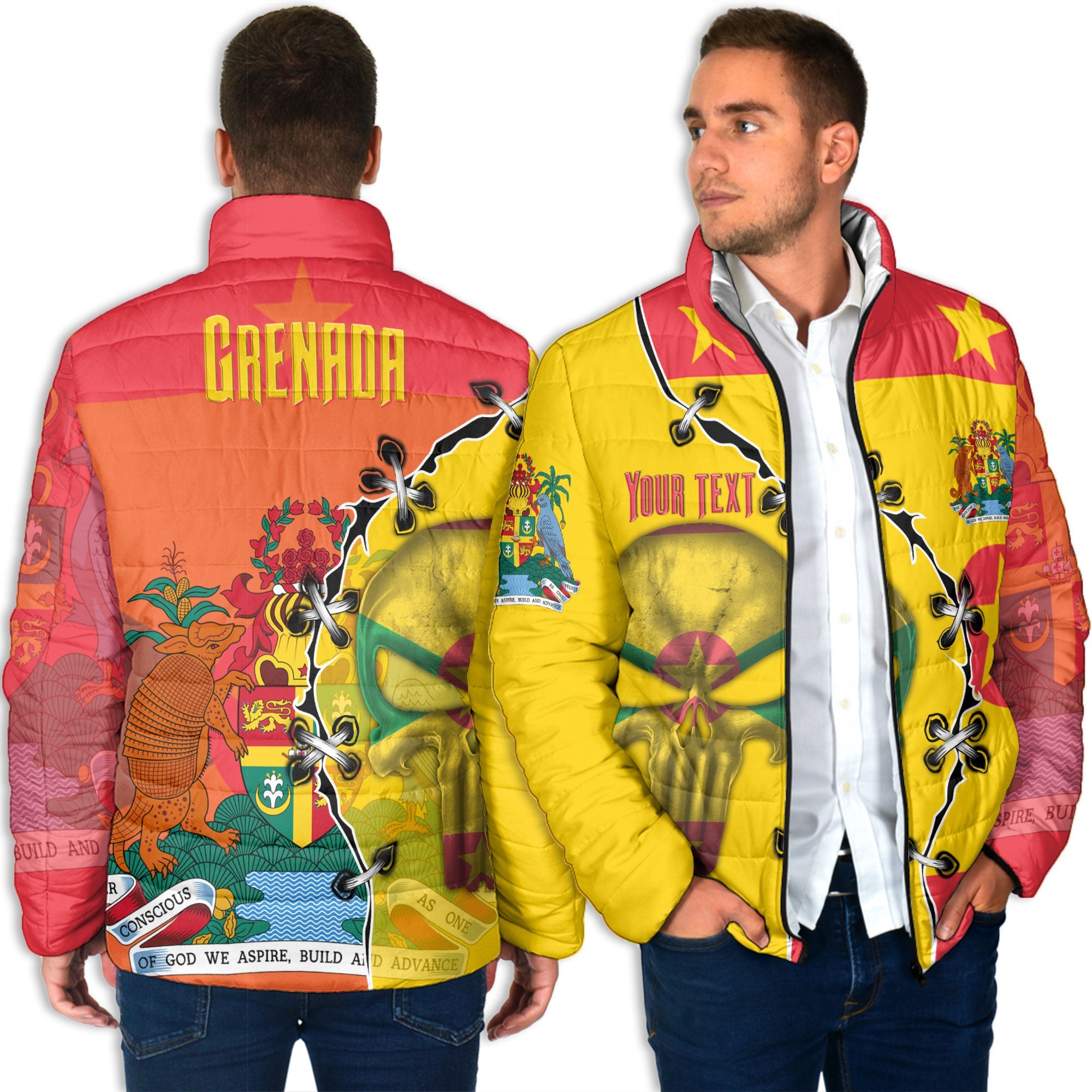 Grenada Men Padded Jacket Flag & Coat Of Arms Skull Style