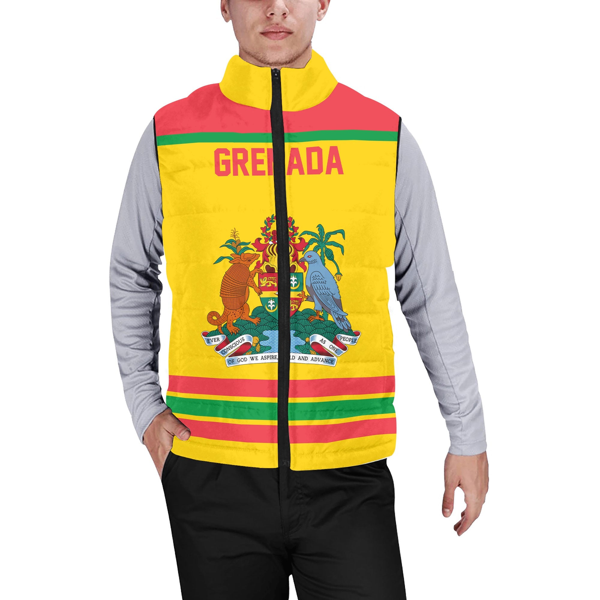 Grenada Men Padded Jacket Vest Flag & Coat Of Arms Hockey Style