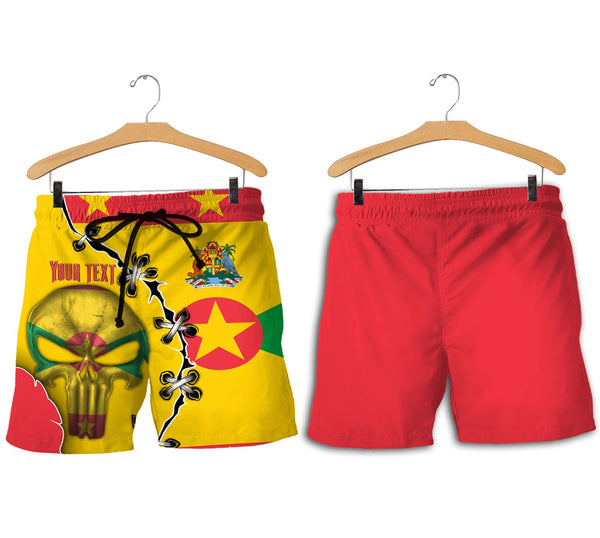 Grenada Men Short Flag & Coat Of Arms Skull Style