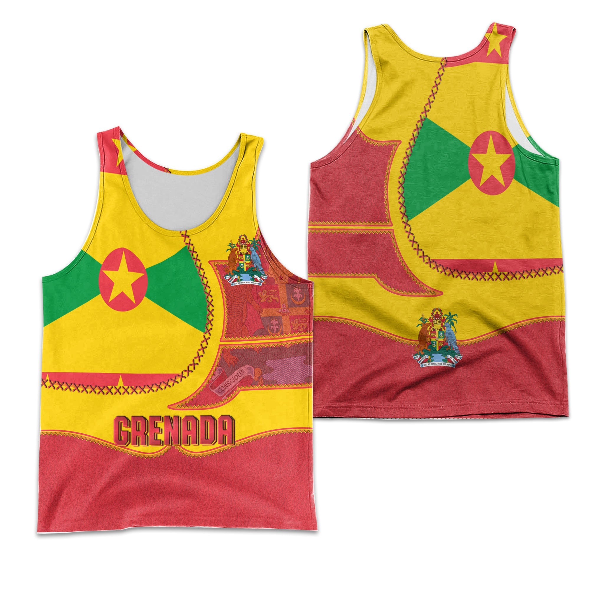 Grenada Men Tank Top Flag & Coat Of Arms Leather Style