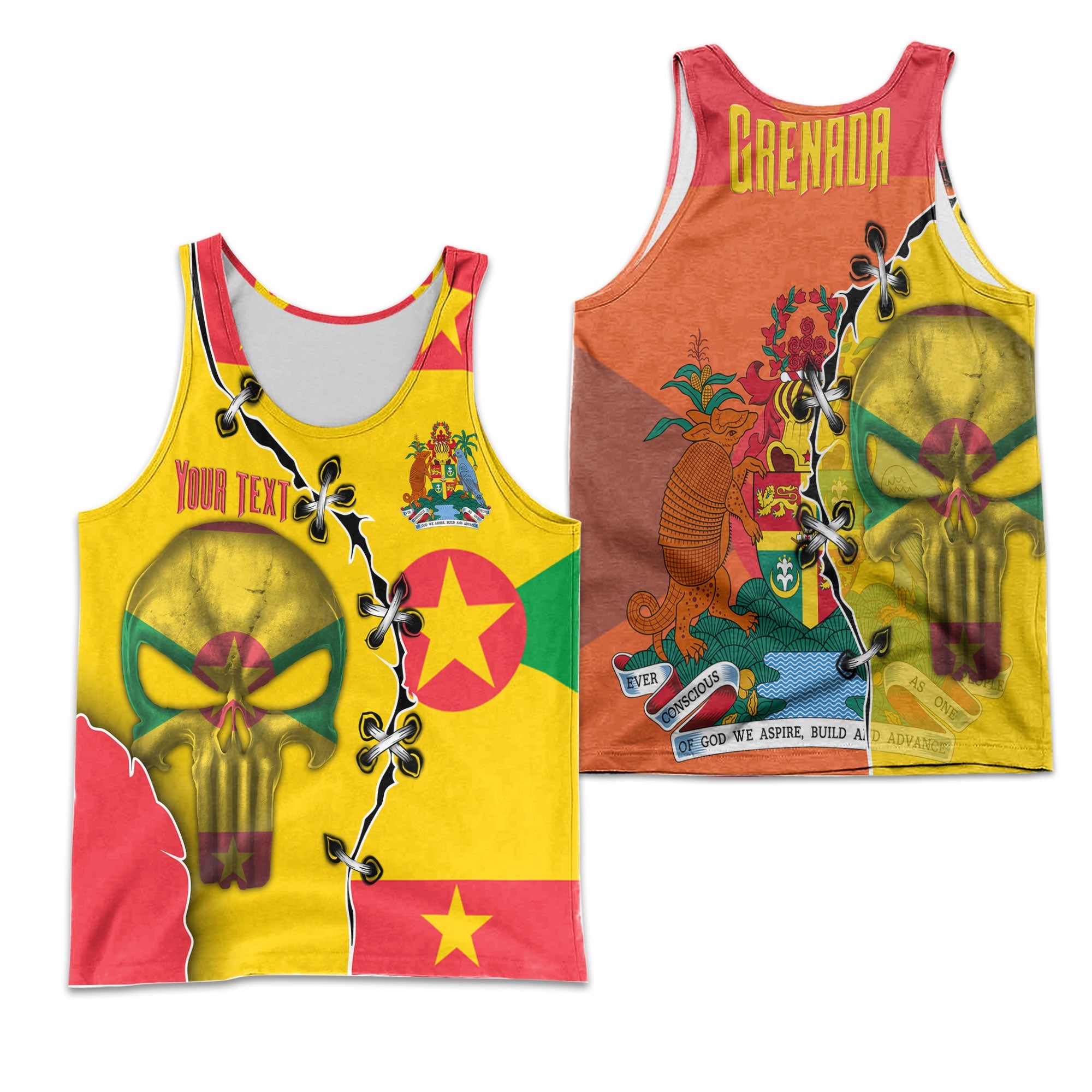 Grenada Men Tank Top Flag & Coat Of Arms Skull Style