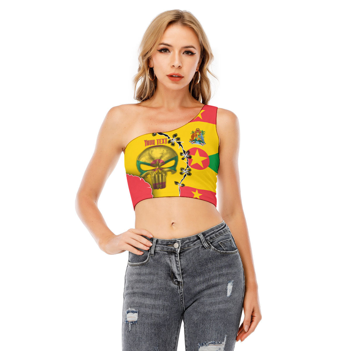 Grenada One Shoulder Shirt Flag & Coat Of Arms Skull Style