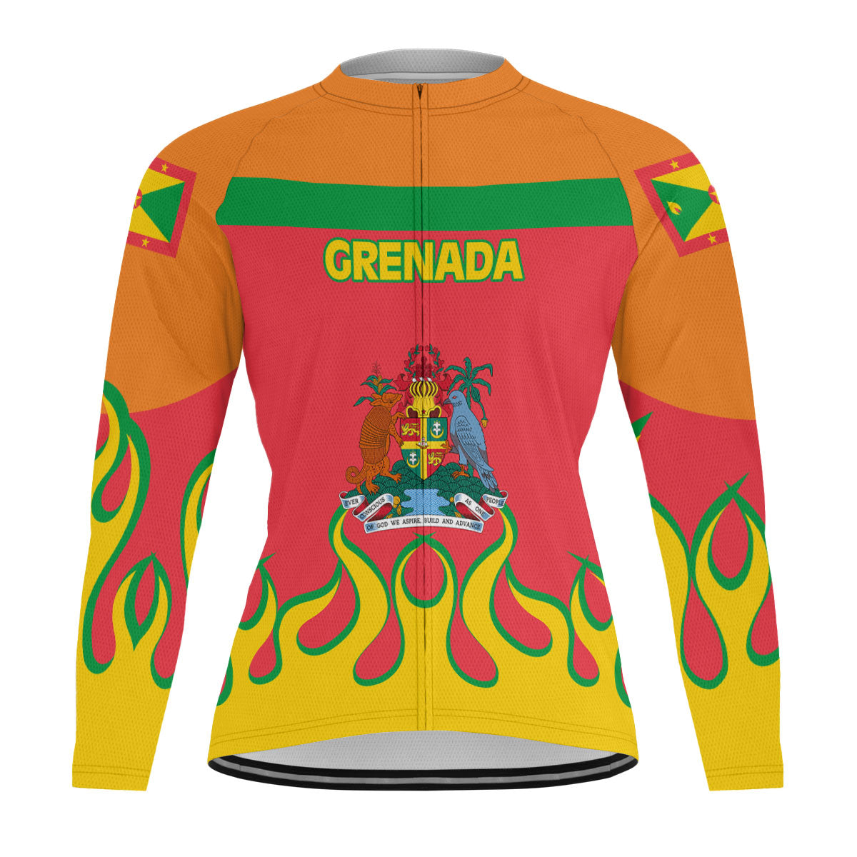 Grenada Men's Cycling Jersey Long Sleeve Flag & Coat Of Arms Fire Hockey Style