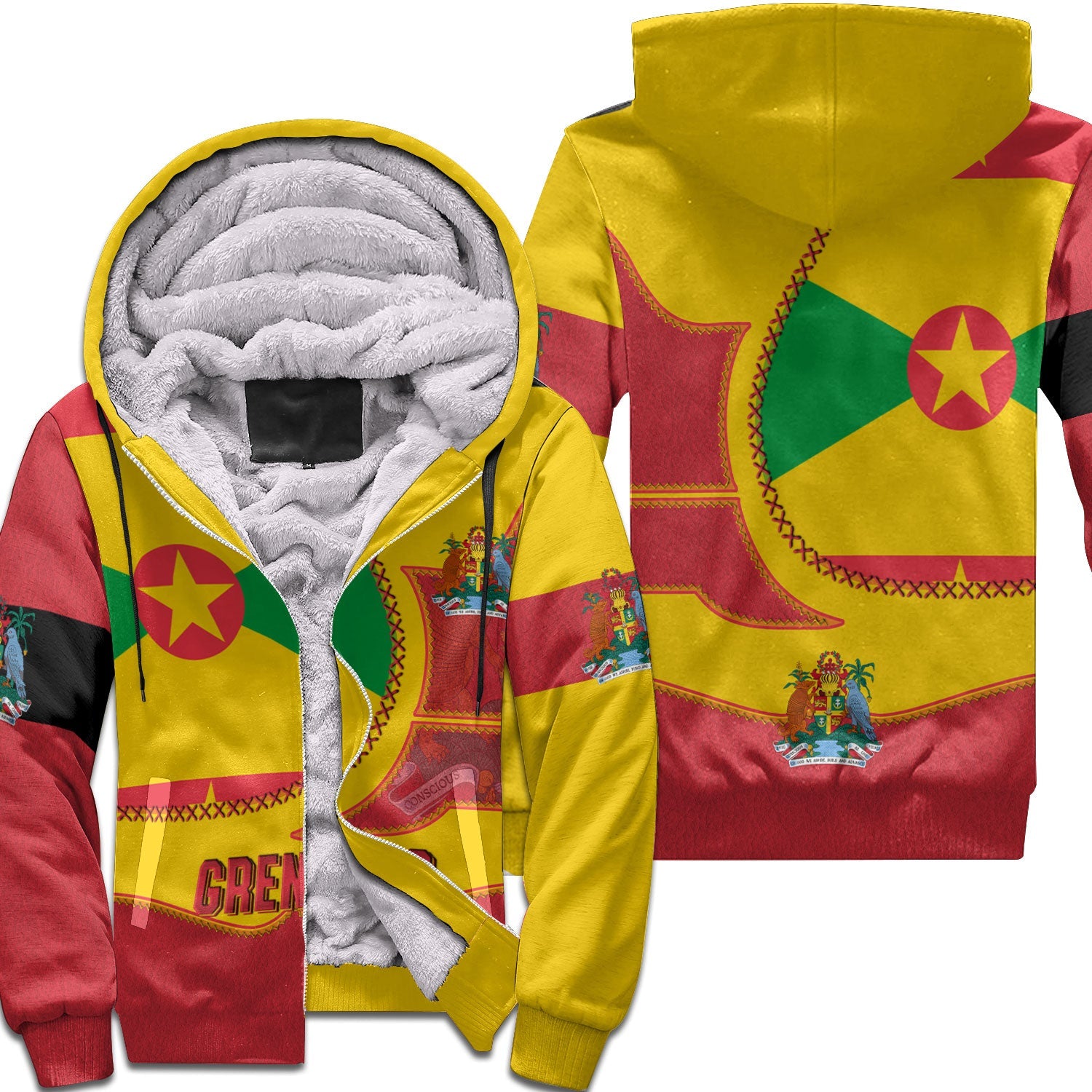 Grenada Sherpa Hoodie Flag & Coat Of Arms Leather Style