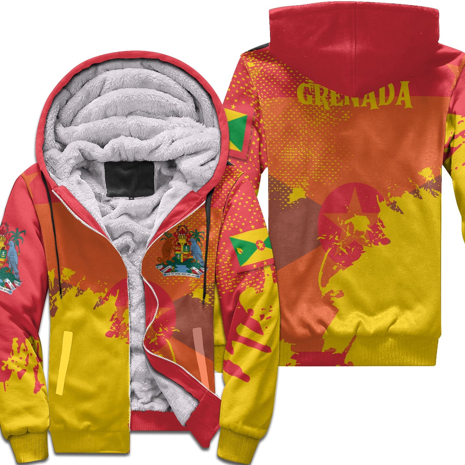 Grenada Sherpa Hoodie Flag & Coat Of Arms Paint Style