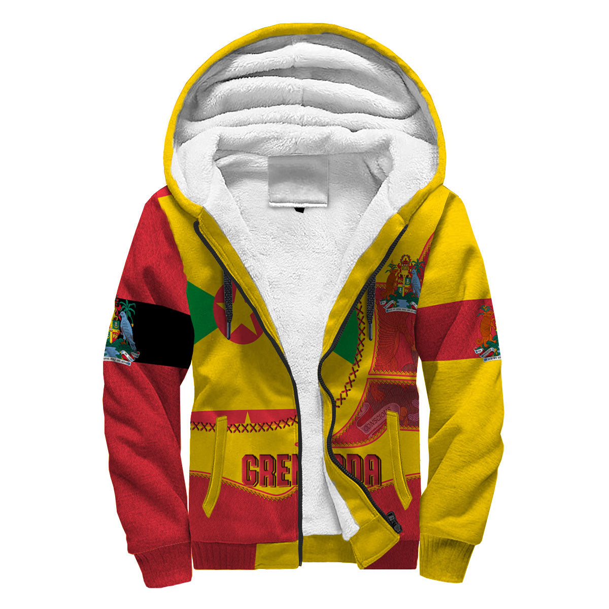 Grenada Sherpa Hoodie Flag & Coat Of Arms Leather Style