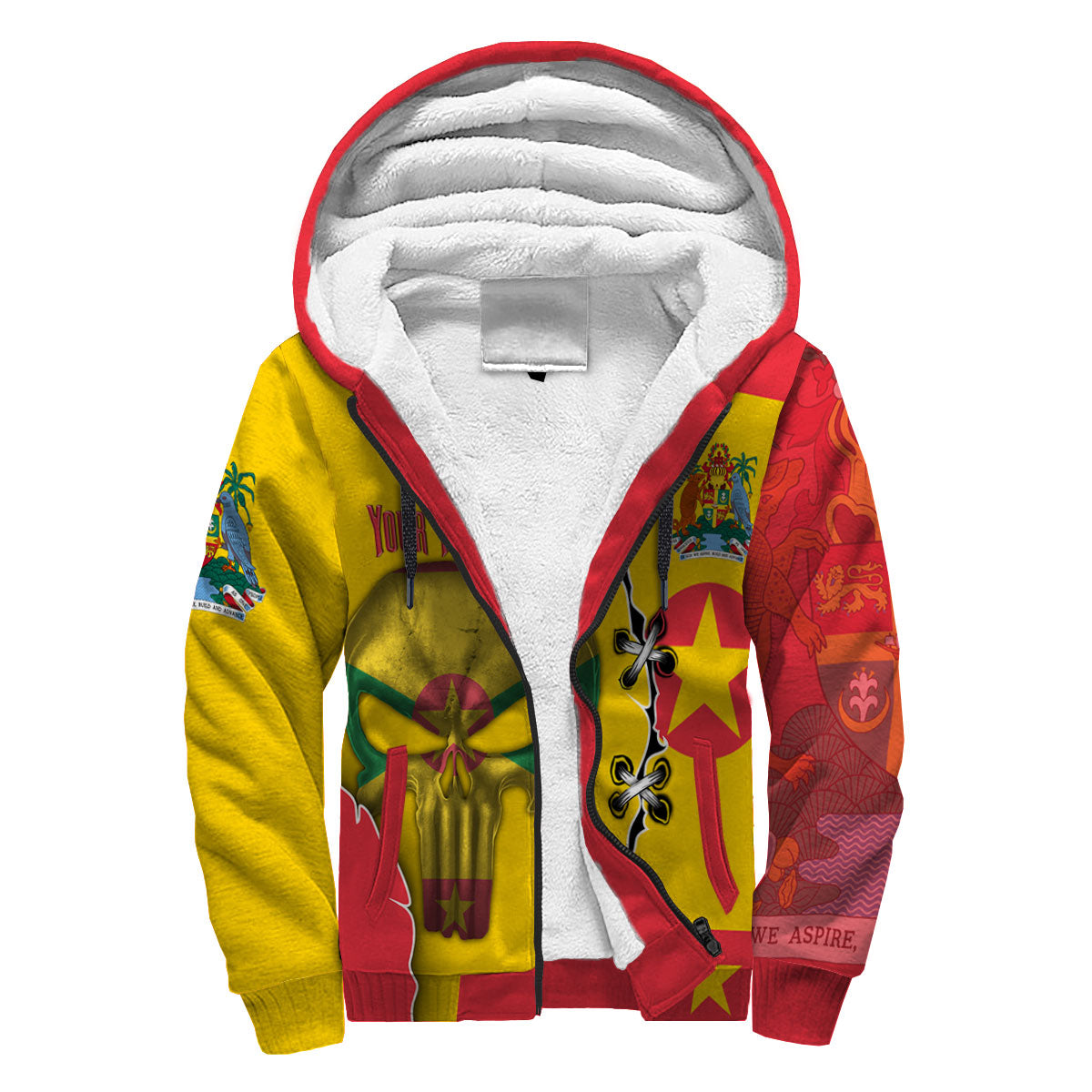 Grenada Sherpa Hoodie Flag & Coat Of Arms Skull Style