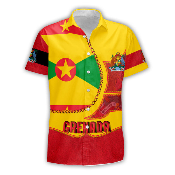 Grenada Short Sleeve Shirt Flag & Coat Of Arms Leather Style