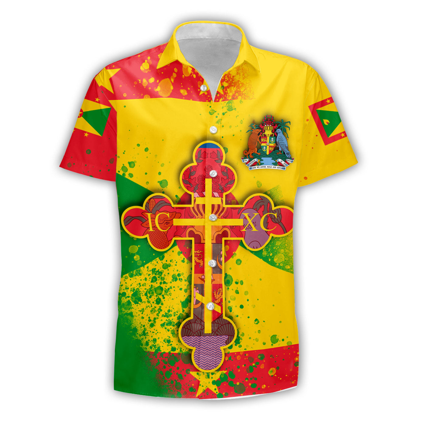 Grenada Short Sleeve Shirt Flag & Coat Of Arms Orthodox Style