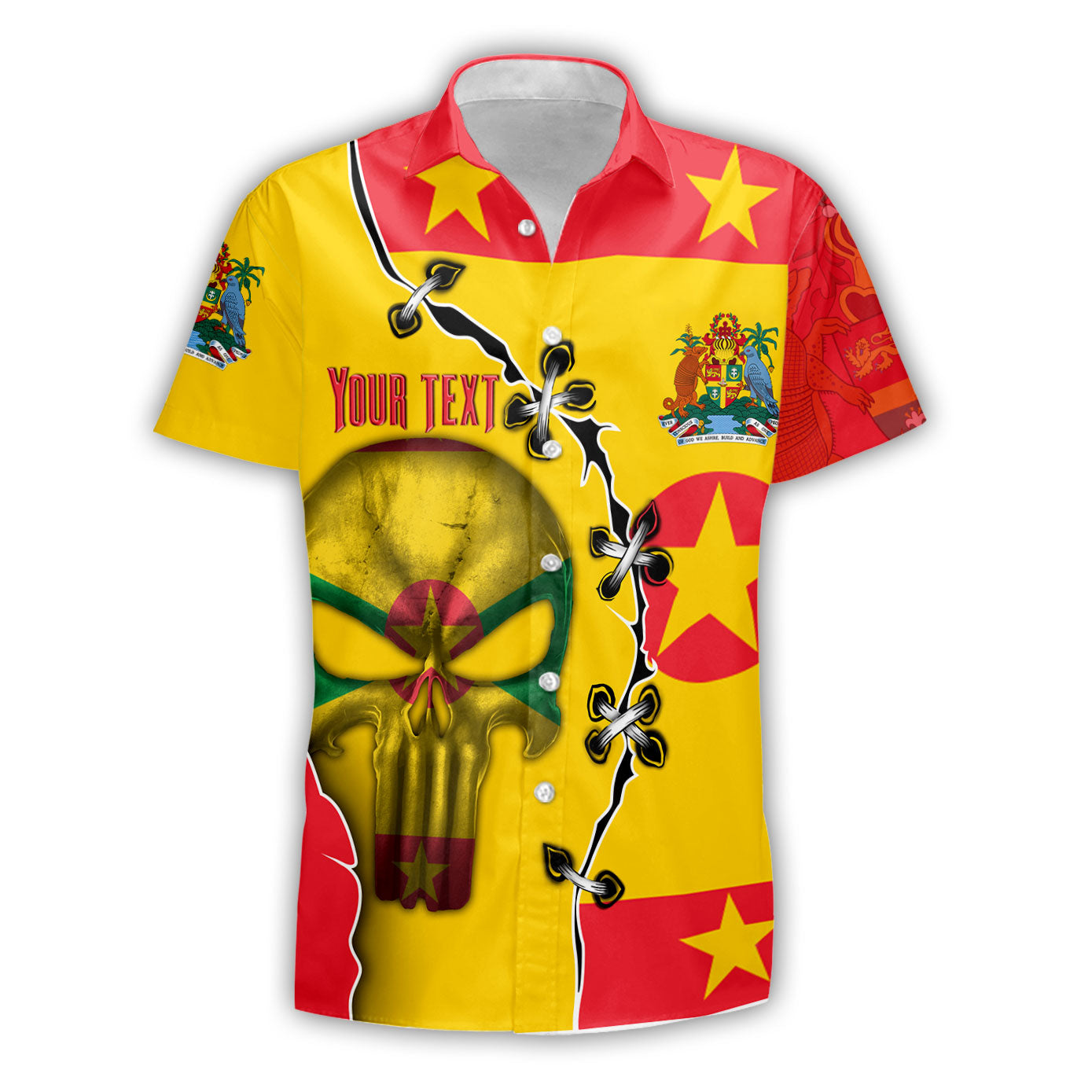 Grenada Short Sleeve Shirt Flag & Coat Of Arms Skull Style