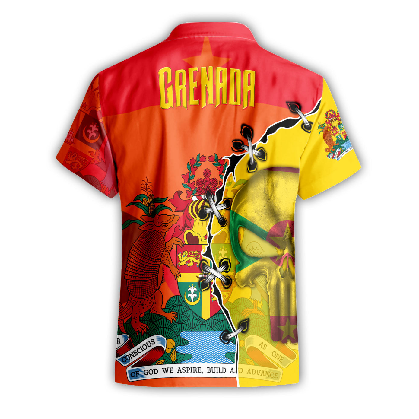 Grenada Short Sleeve Shirt Flag & Coat Of Arms Skull Style