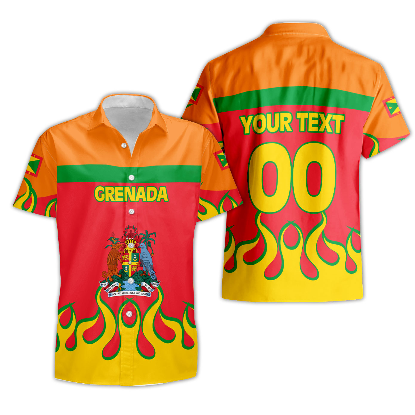 Grenada Short Sleeve Shirt Flag & Coat Of Arms Fire Hockey Style