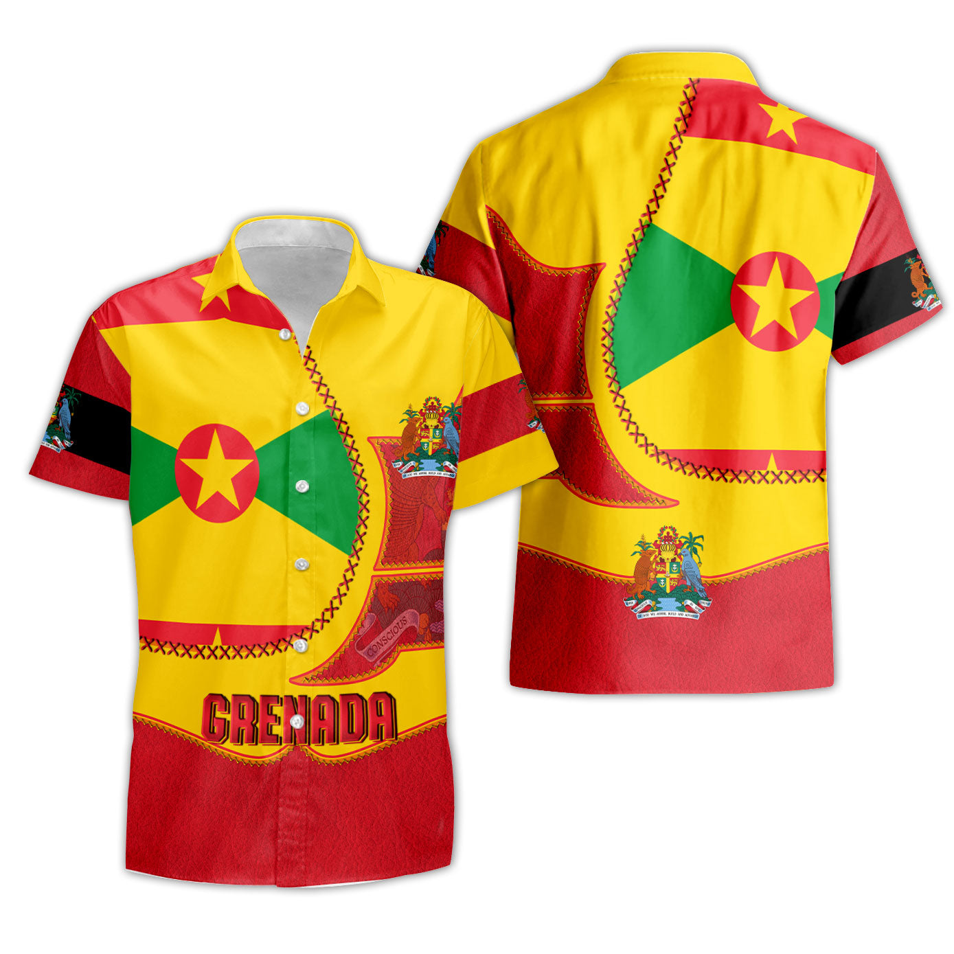 Grenada Short Sleeve Shirt Flag & Coat Of Arms Leather Style