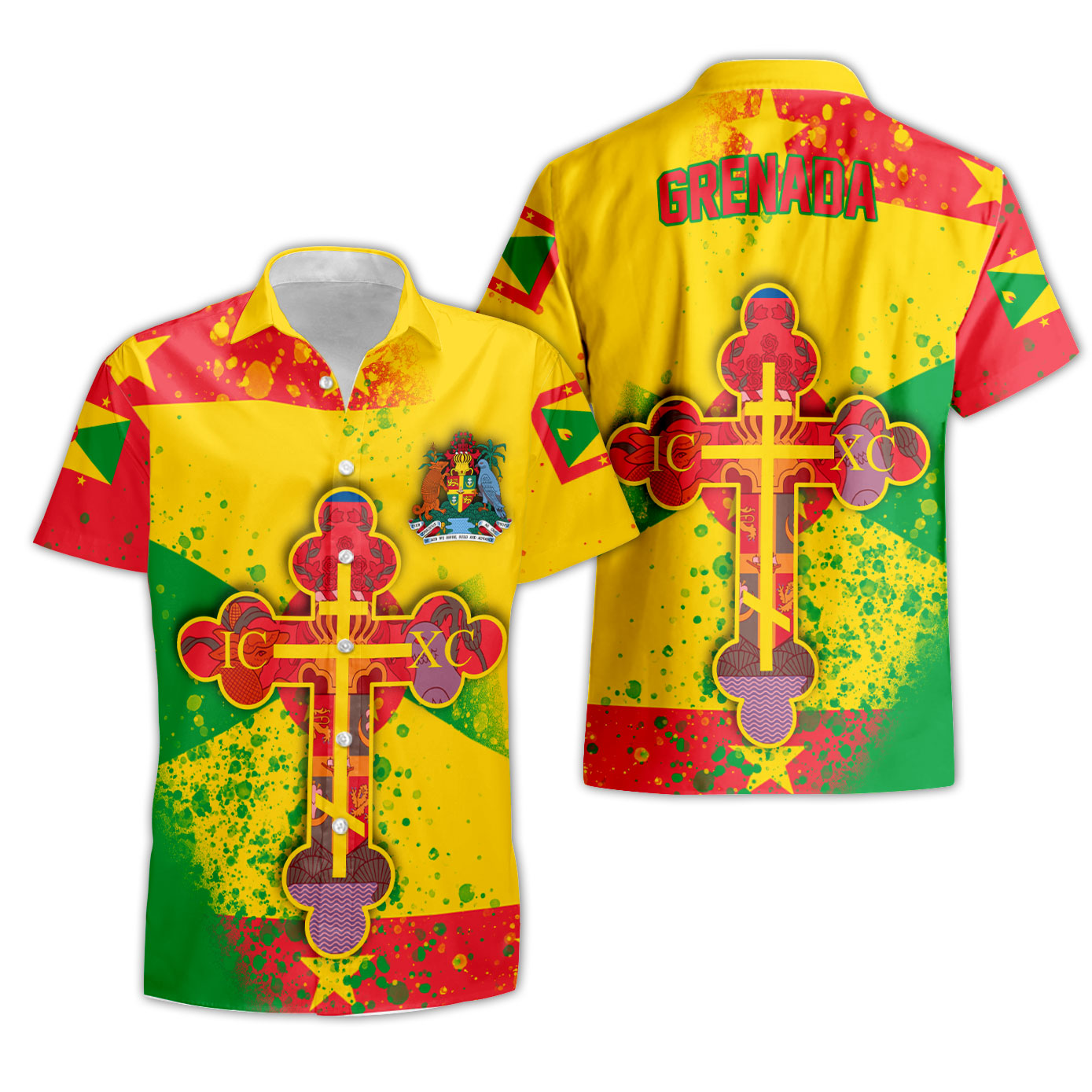 Grenada Short Sleeve Shirt Flag & Coat Of Arms Orthodox Style