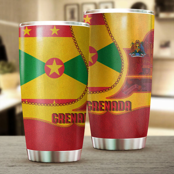 Grenada Stainless Steel Glitter Tumbler Flag & Coat Of Arms Leather Style