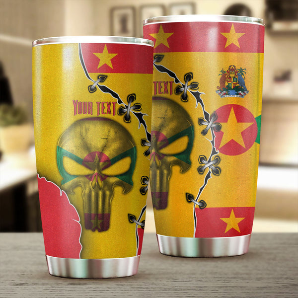 Grenada Stainless Steel Glitter Tumbler Flag & Coat Of Arms Skull Style