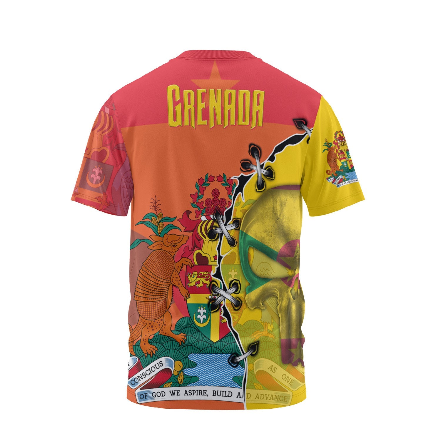 Grenada T Shirt Flag & Coat Of Arms Skull Style