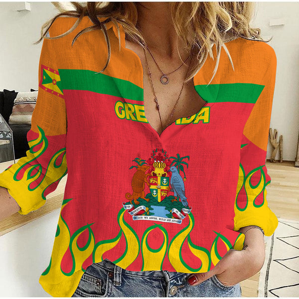 Grenada Women Casual Shirt Flag & Coat Of Arms Fire Hockey Style