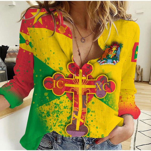 Grenada Women Casual Shirt Flag & Coat Of Arms Orthodox Style