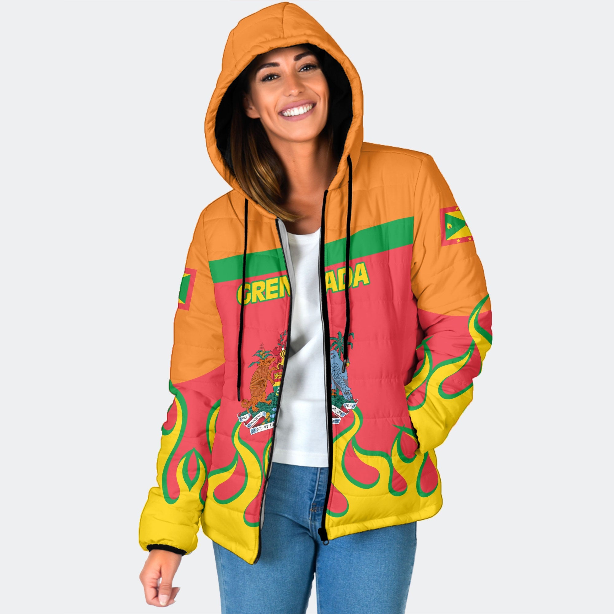 Grenada Women Hooded Padded Jacket Flag & Coat Of Arms Fire Hockey Style