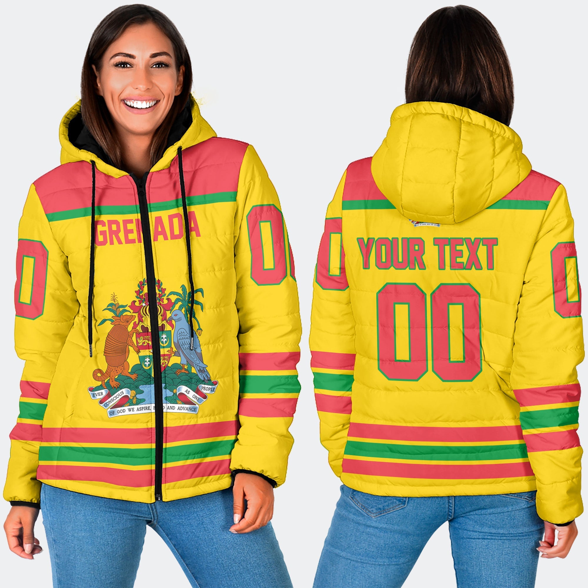 Grenada Women Hooded Padded Jacket Flag & Coat Of Arms Hockey Style