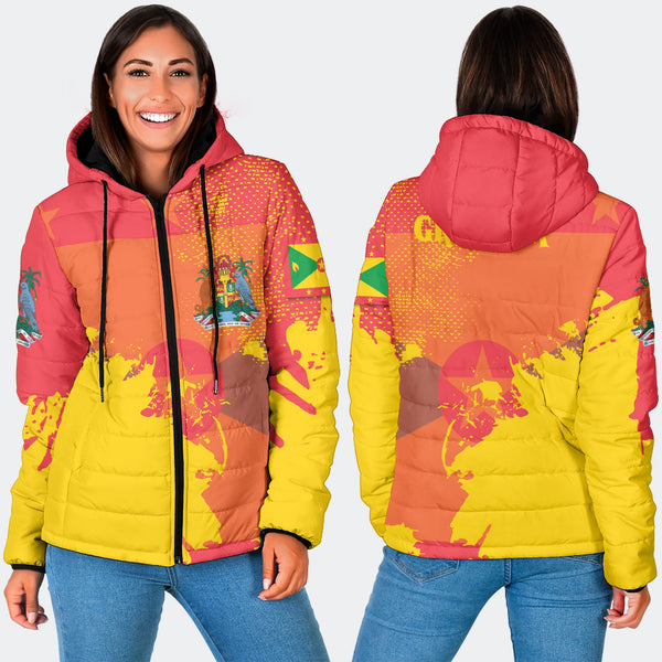 Grenada Women Hooded Padded Jacket Flag & Coat Of Arms Paint Style