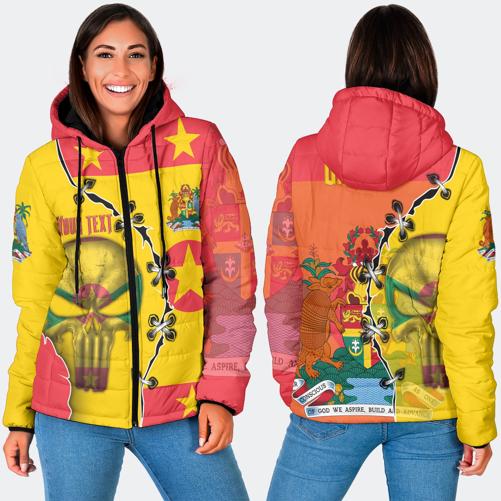 Grenada Women Hooded Padded Jacket Flag & Coat Of Arms Skull Style