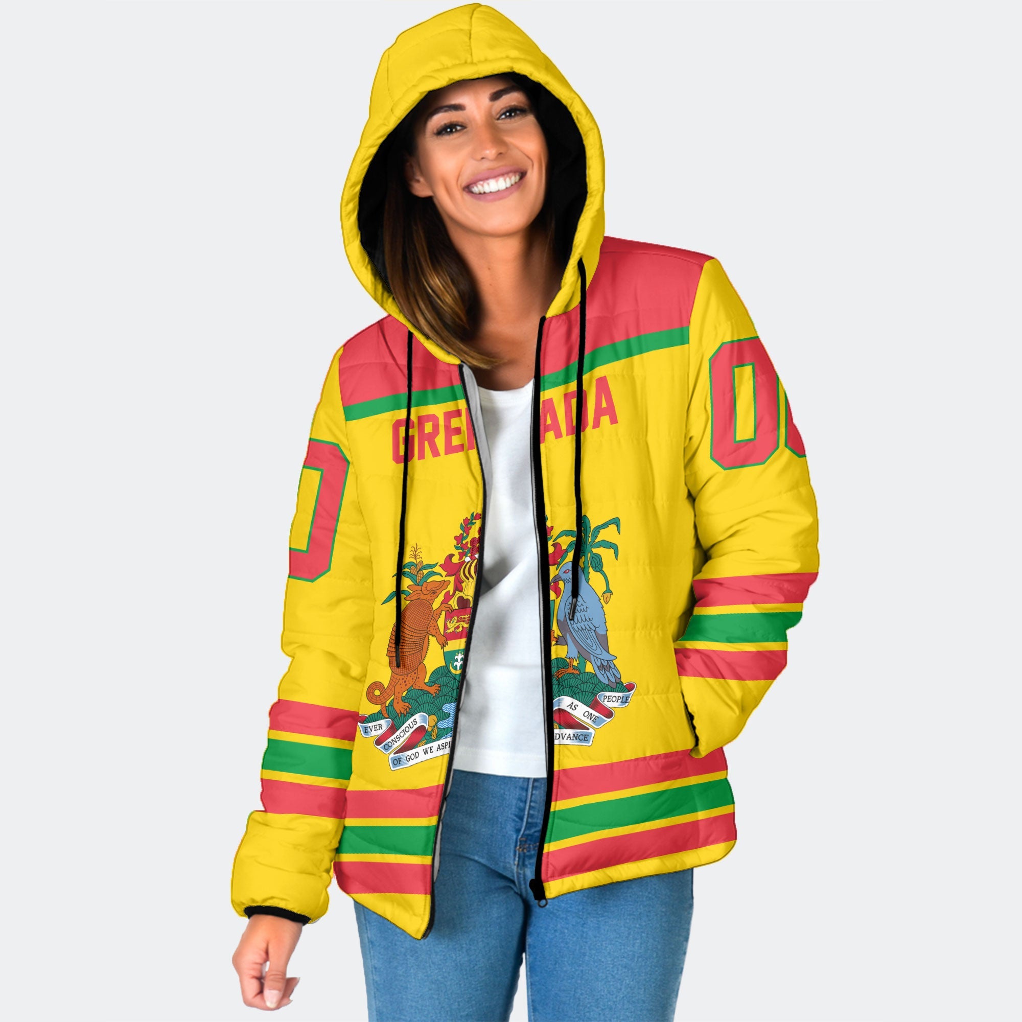 Grenada Women Hooded Padded Jacket Flag & Coat Of Arms Hockey Style