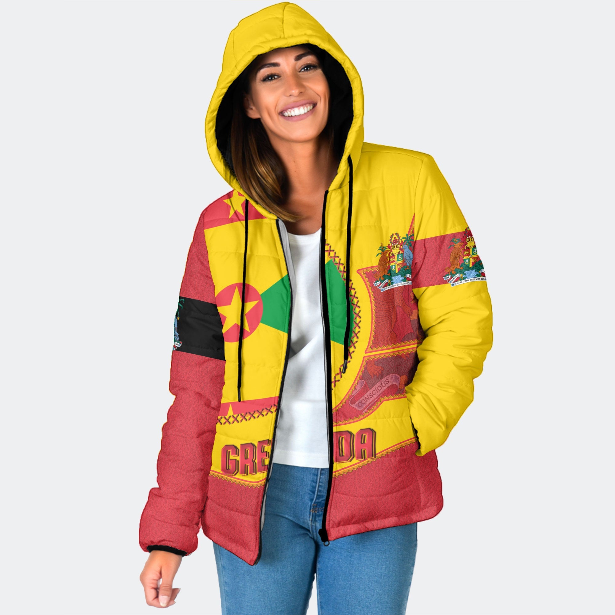 Grenada Women Hooded Padded Jacket Flag & Coat Of Arms Leather Style