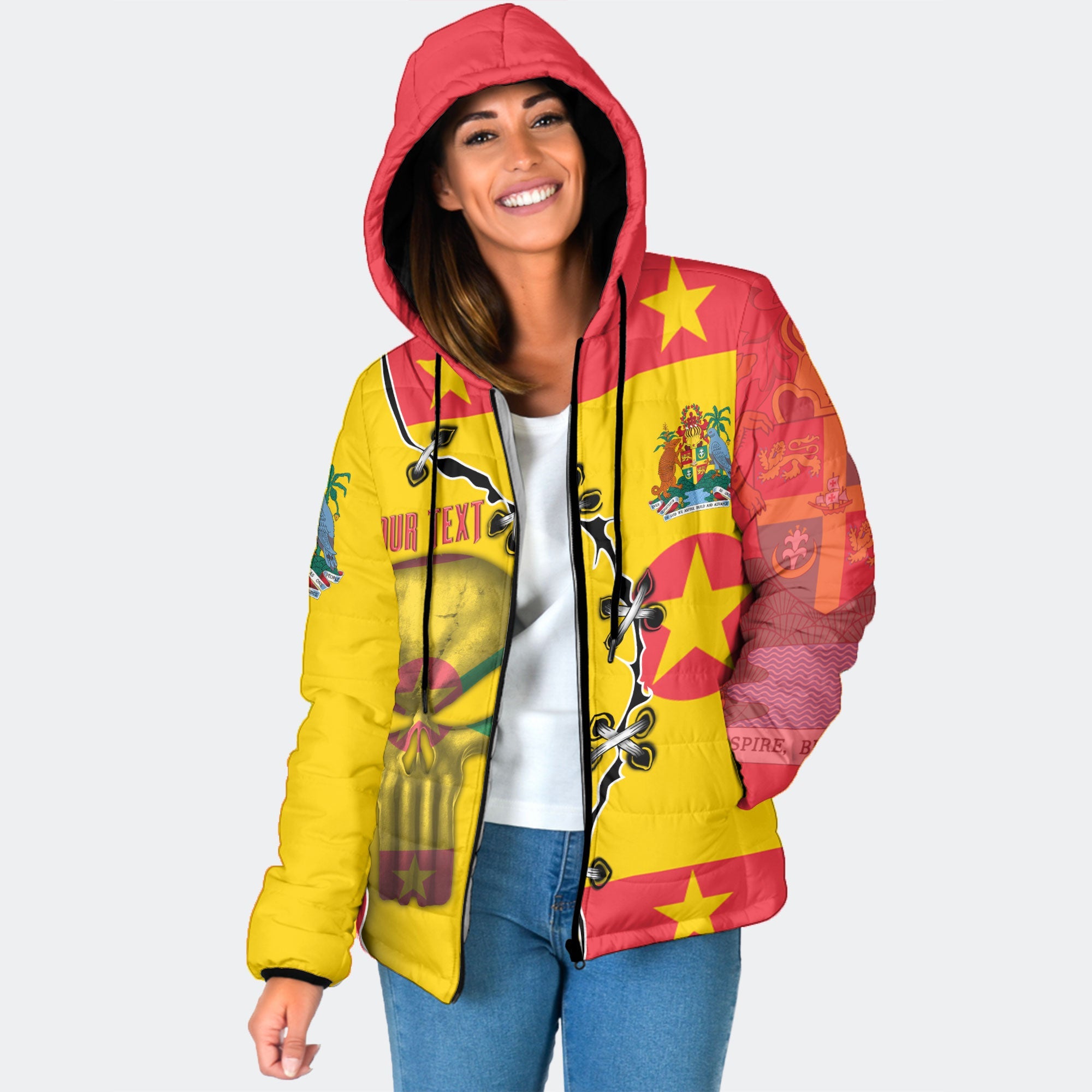 Grenada Women Hooded Padded Jacket Flag & Coat Of Arms Skull Style