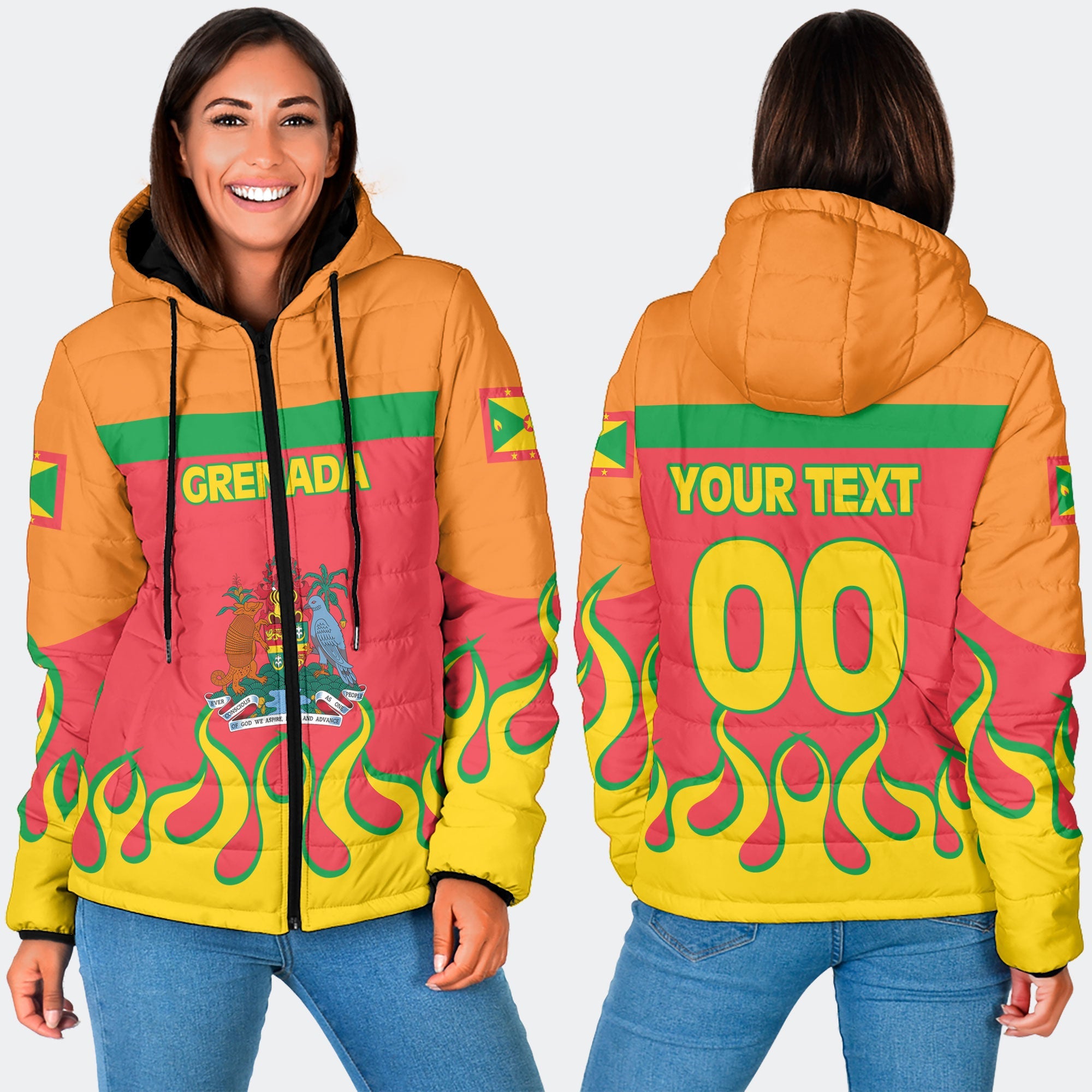 Grenada Women Hooded Padded Jacket Flag & Coat Of Arms Fire Hockey Style