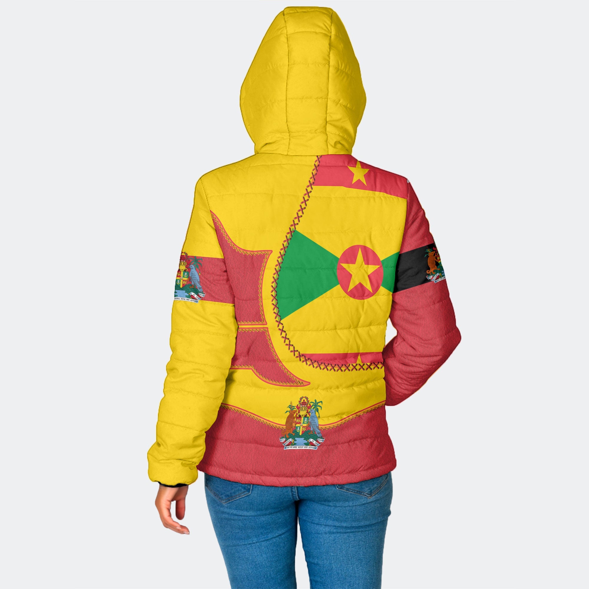 Grenada Women Hooded Padded Jacket Flag & Coat Of Arms Leather Style