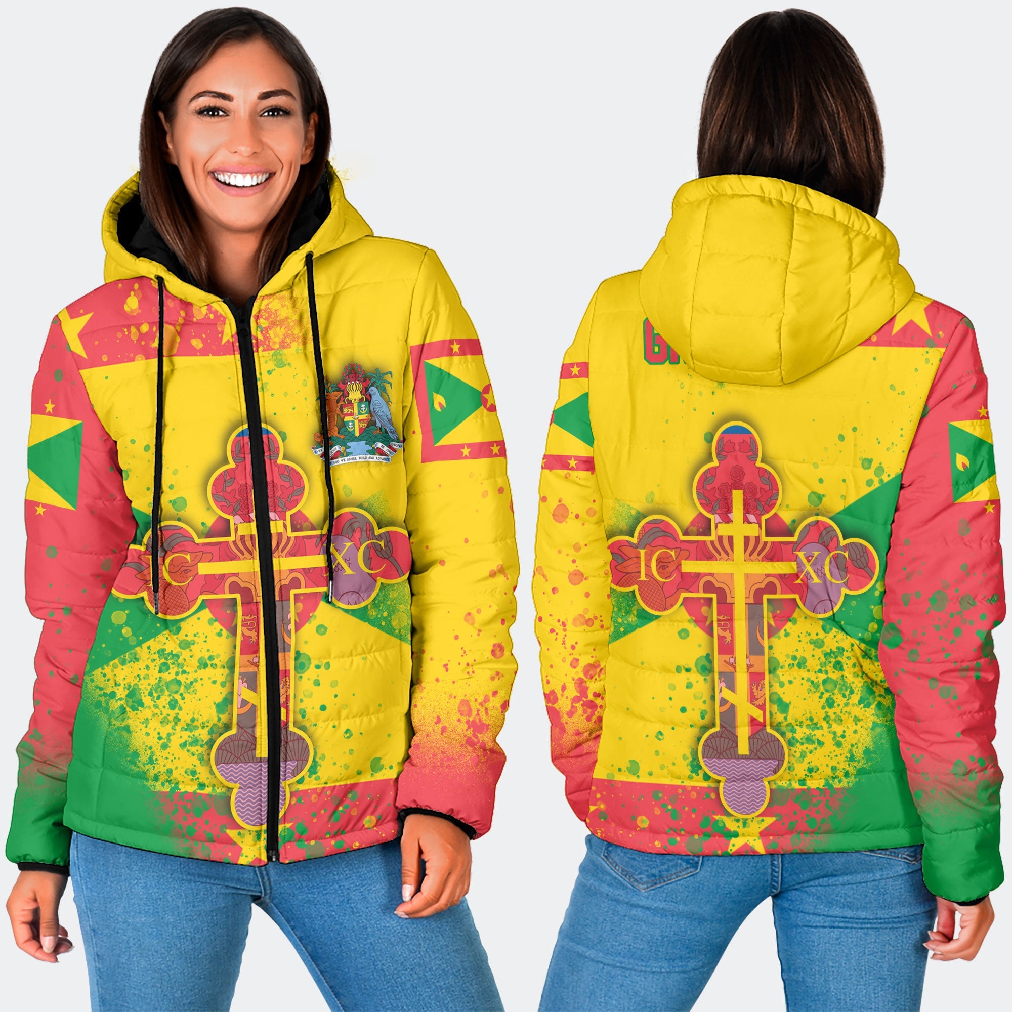 Grenada Women Hooded Padded Jacket Flag & Coat Of Arms Orthodox Style