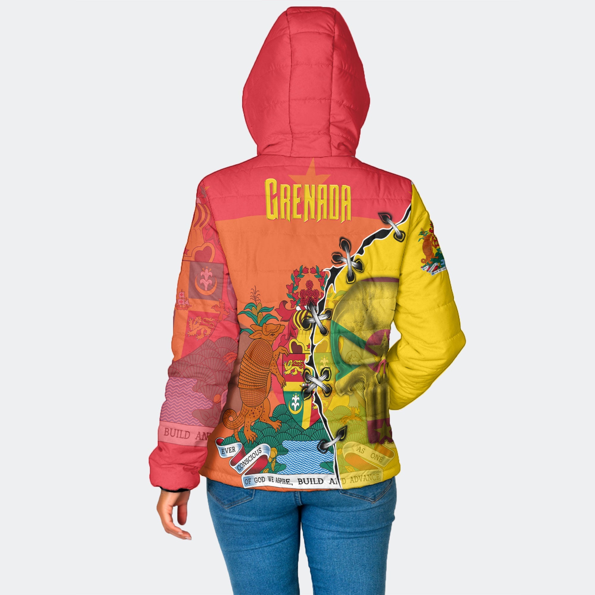 Grenada Women Hooded Padded Jacket Flag & Coat Of Arms Skull Style