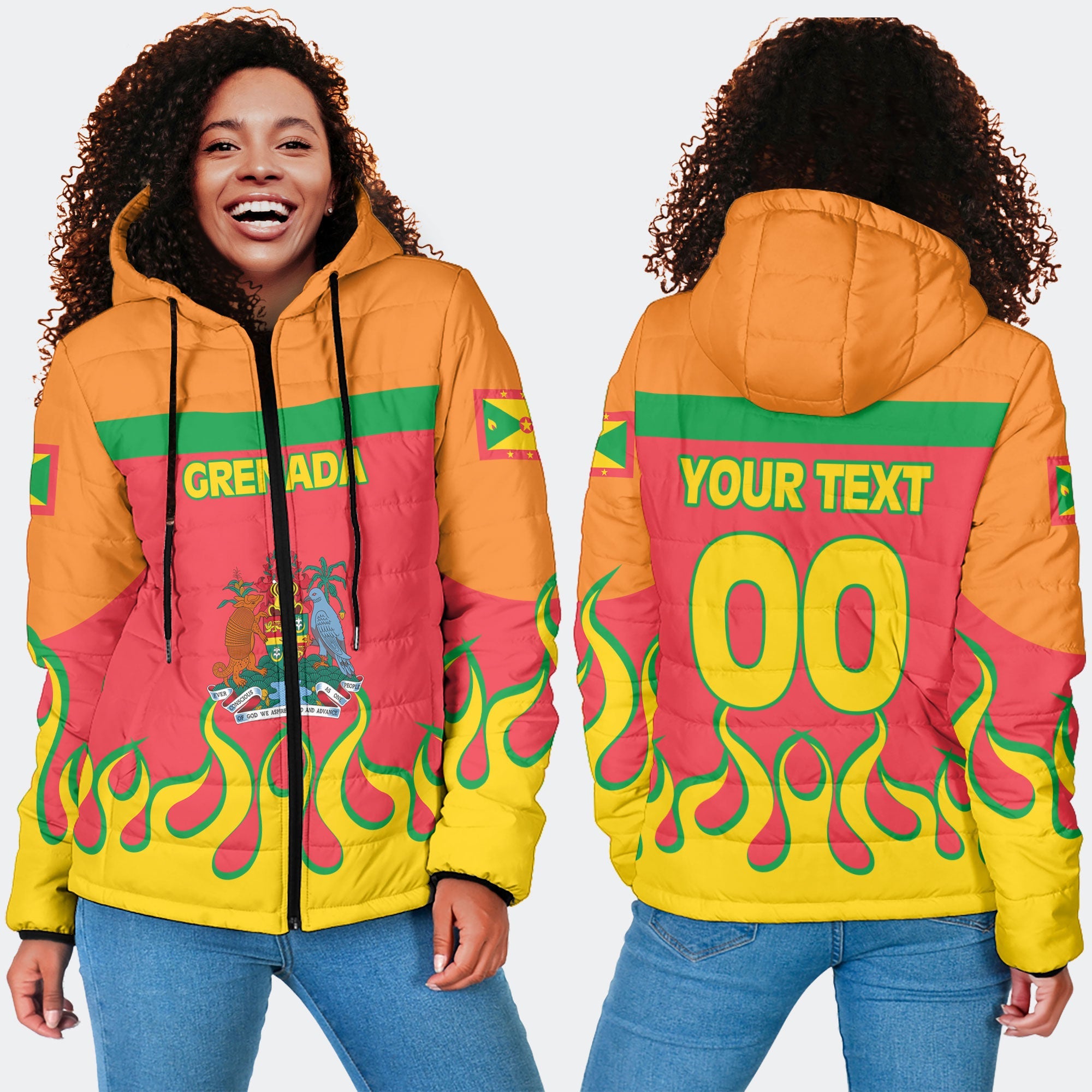 Grenada Women Hooded Padded Jacket Flag & Coat Of Arms Fire Hockey Style