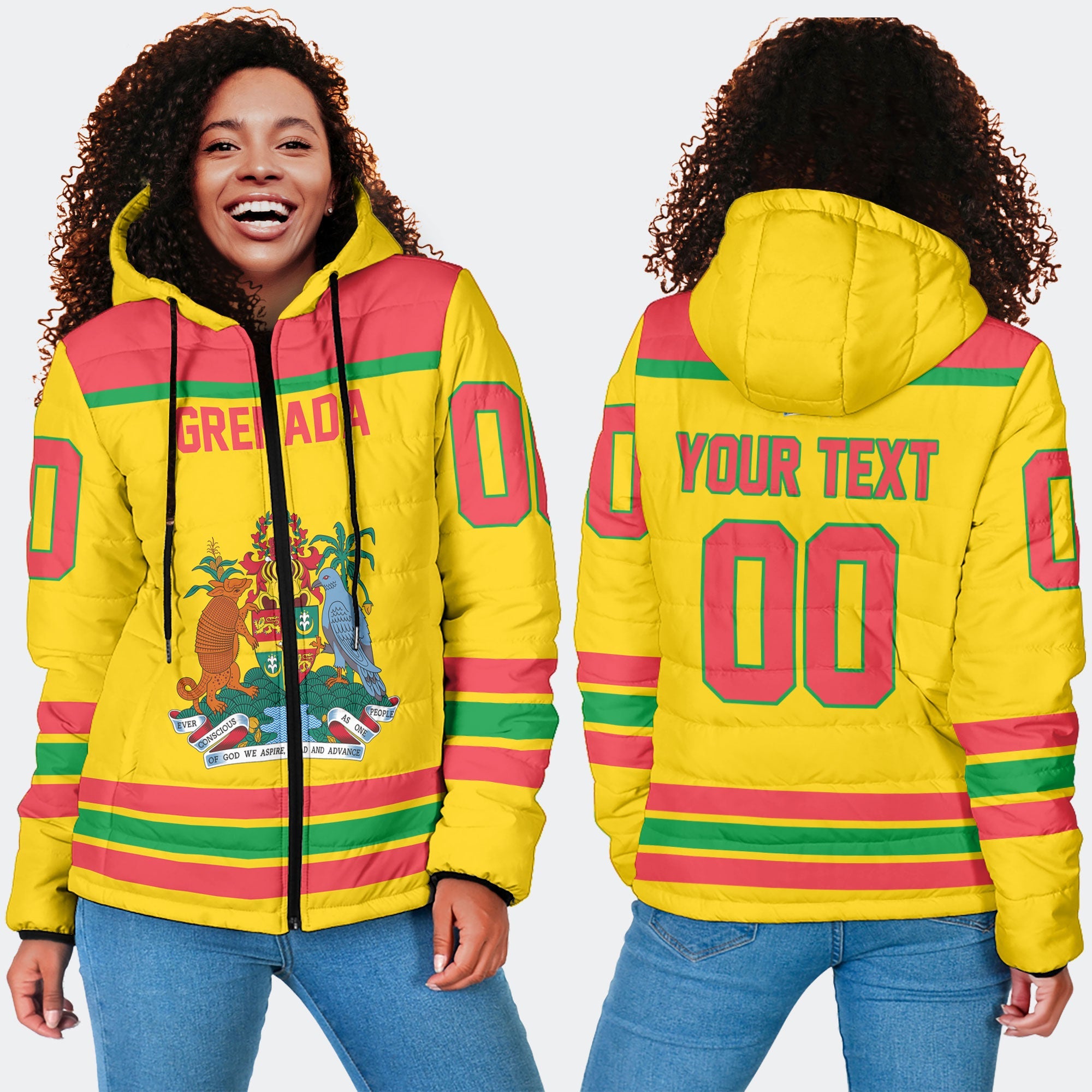 Grenada Women Hooded Padded Jacket Flag & Coat Of Arms Hockey Style