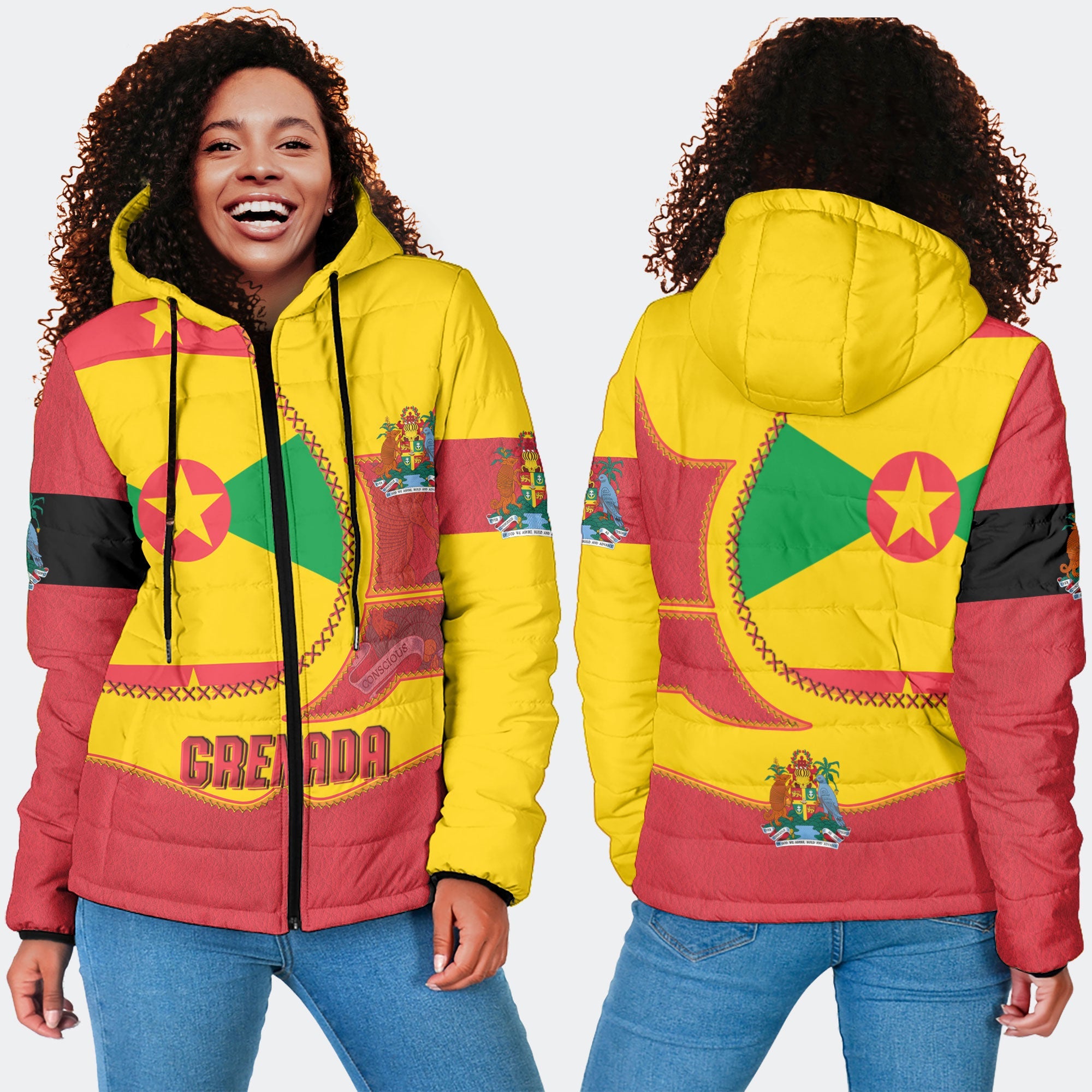 Grenada Women Hooded Padded Jacket Flag & Coat Of Arms Leather Style