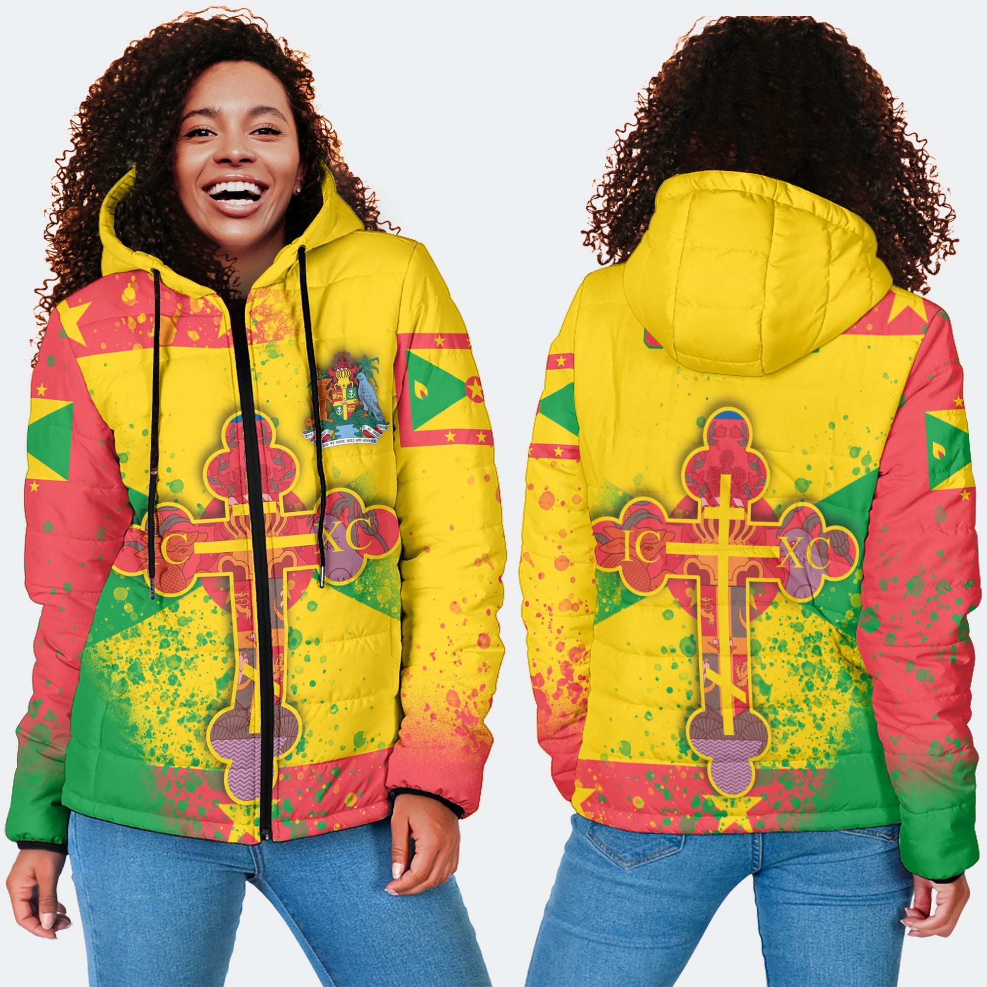 Grenada Women Hooded Padded Jacket Flag & Coat Of Arms Orthodox Style