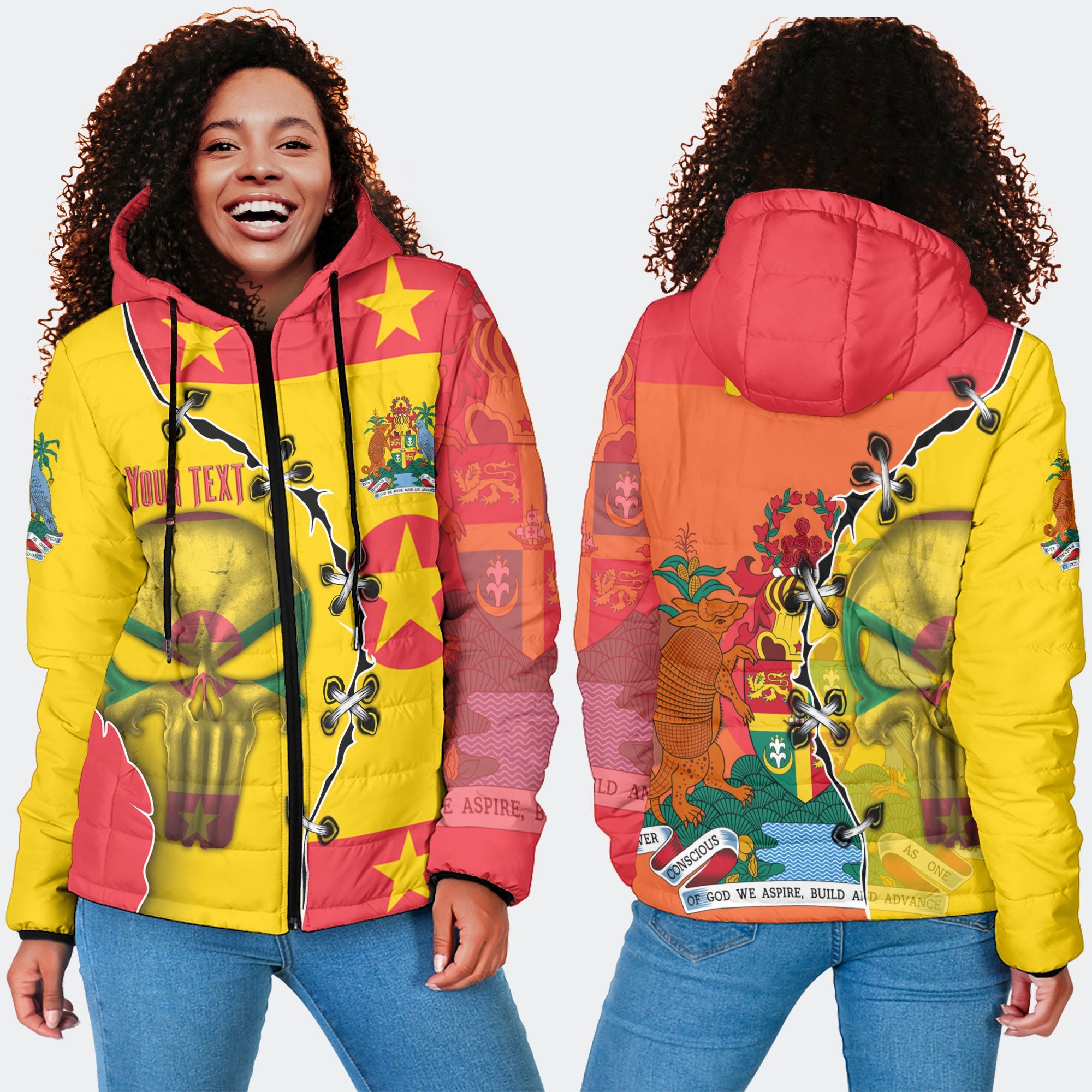 Grenada Women Hooded Padded Jacket Flag & Coat Of Arms Skull Style