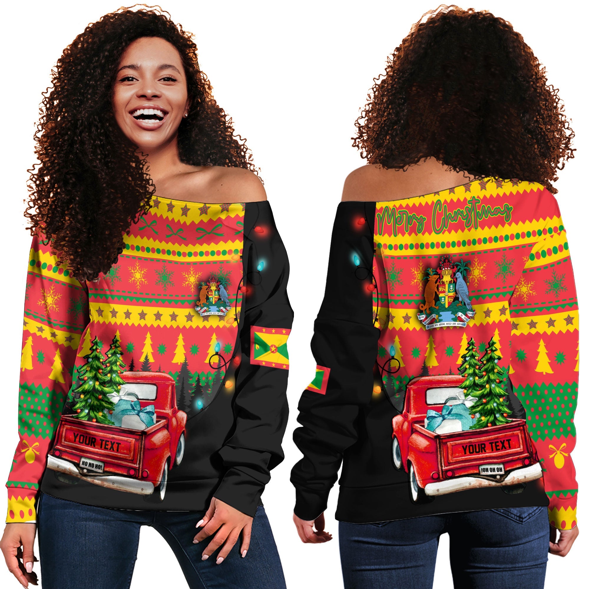 Grenada Women Off Shoulder Sweatshirt Coat Of Arms Christmas Style