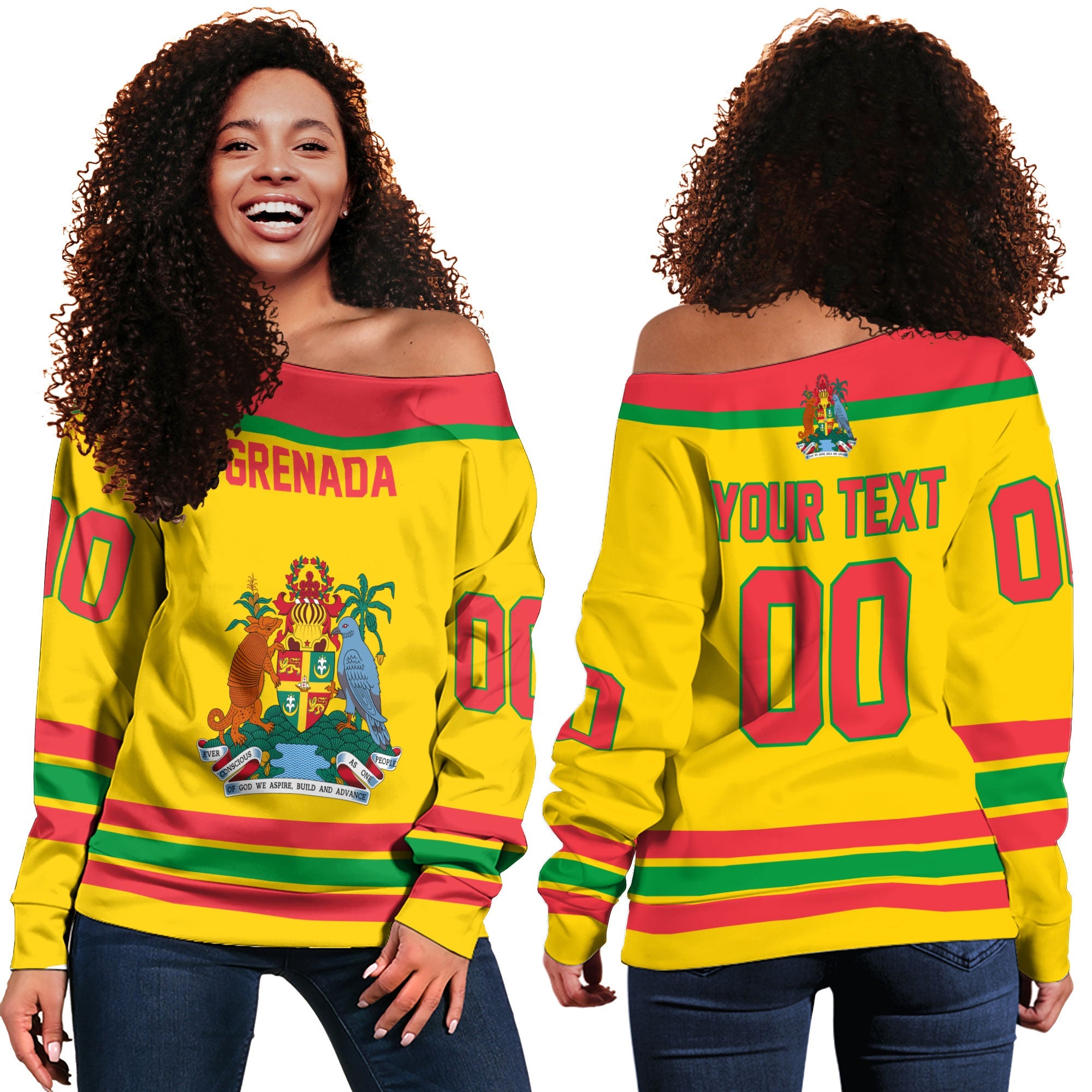 Grenada Women Off Shoulder Sweatshirt Flag & Coat Of Arms Hockey Style