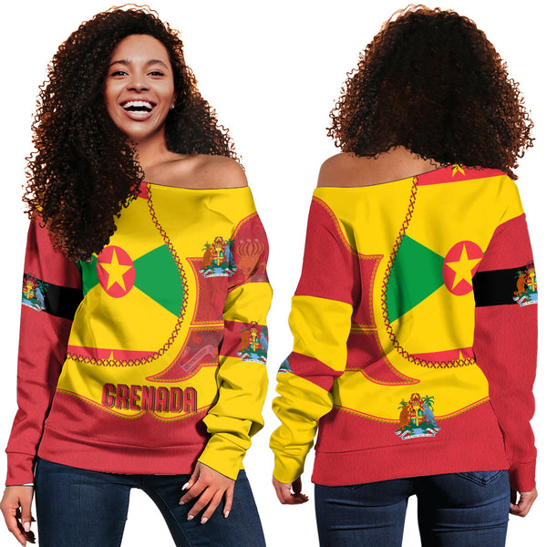 Grenada Women Off Shoulder Sweatshirt Flag & Coat Of Arms Leather Style