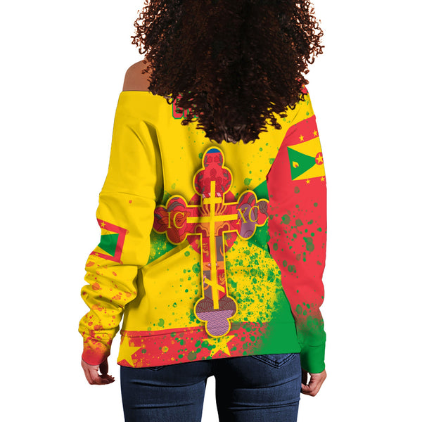 Grenada Women Off Shoulder Sweatshirt Flag & Coat Of Arms Orthodox Style