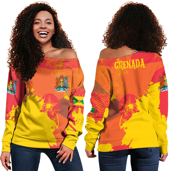 Grenada Women Off Shoulder Sweatshirt Flag & Coat Of Arms Paint Style