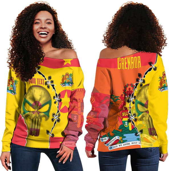 Grenada Women Off Shoulder Sweatshirt Flag & Coat Of Arms Skull Style