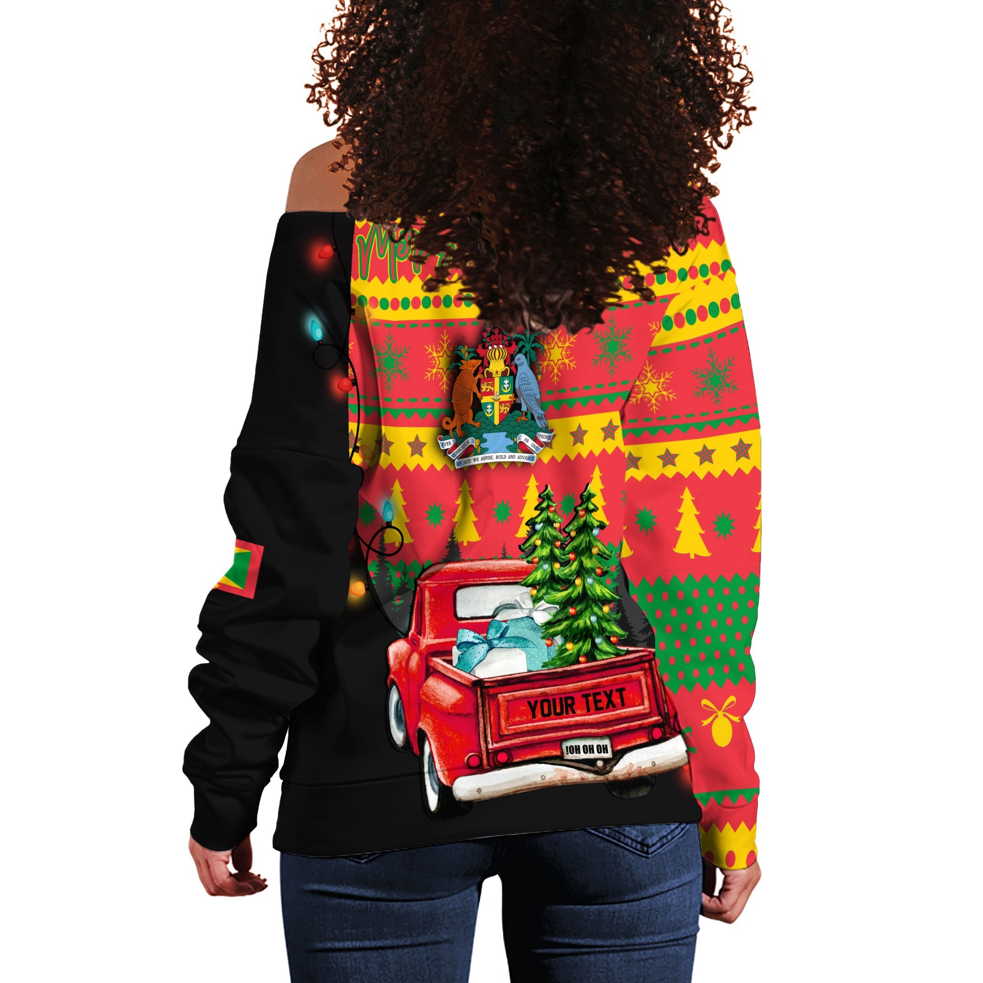 Grenada Women Off Shoulder Sweatshirt Coat Of Arms Christmas Style