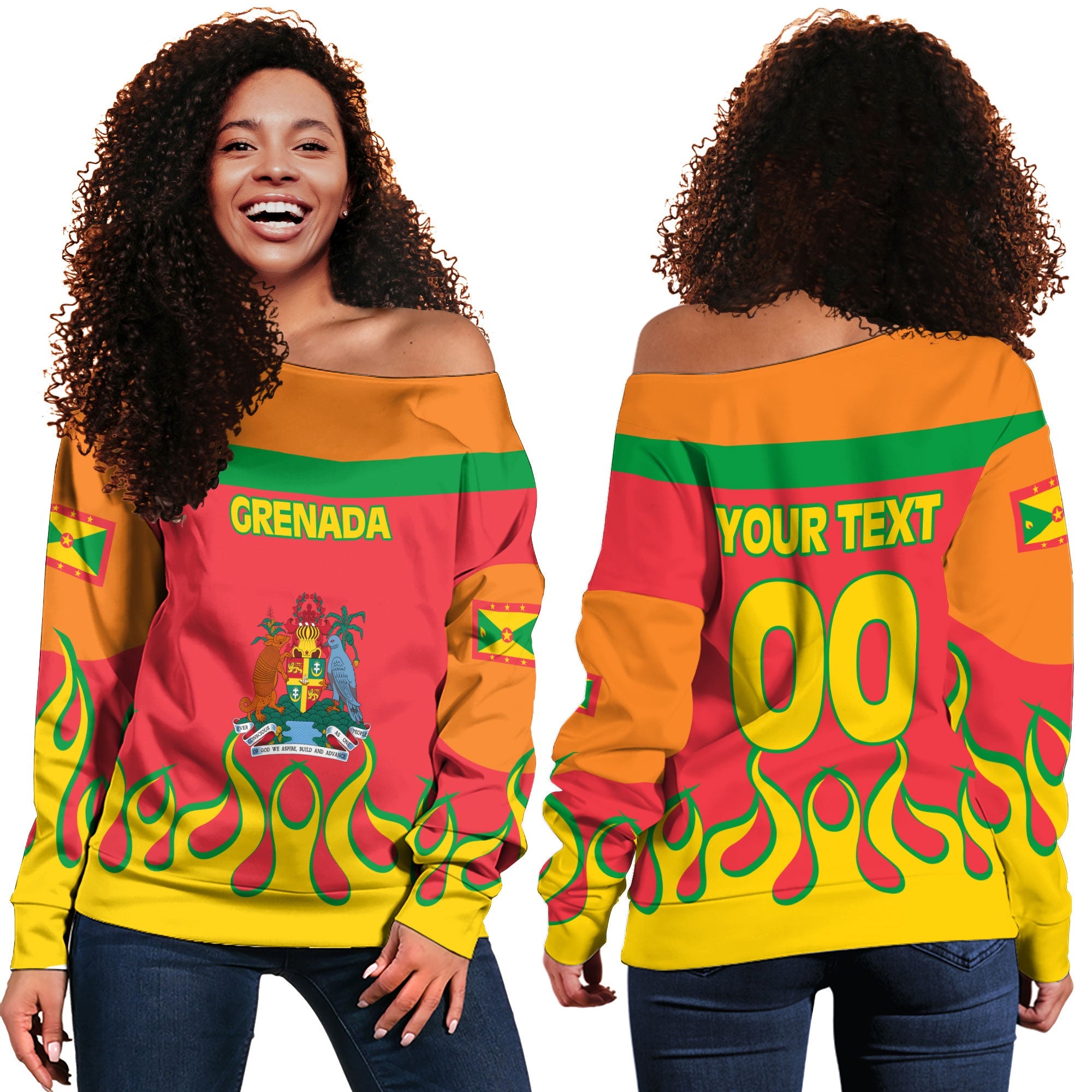 Grenada Women Off Shoulder Sweatshirt Flag & Coat Of Arms Fire Hockey Style